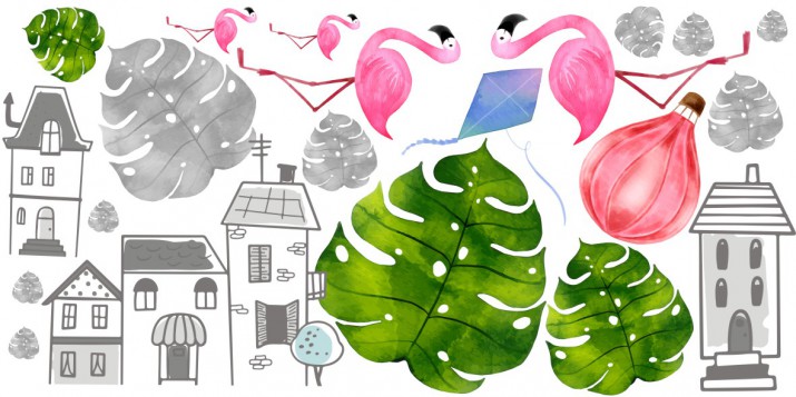 Naklejki dla dzieci - bajka balony domki ptaki flamingi liście monstera 10315 - zdjęcie 2
