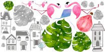 Naklejki dla dzieci - bajka balony domki ptaki flamingi liście monstera 10315 Naklejkomania - zdjecie 2 - miniatura