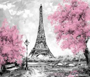 Oil Painting, Paris. european city landscape. France, Wallpaper, eiffel tower. Black, white and pink, Modern art Naklejkomania - zdjecie 1 - miniatura