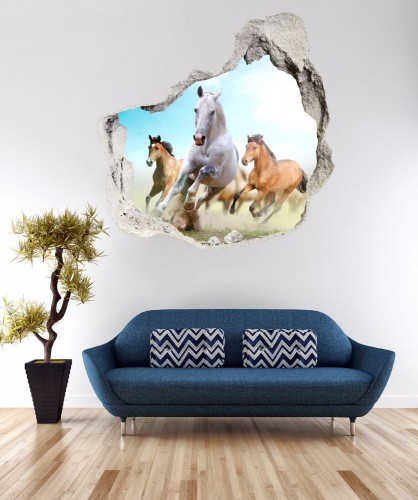 Naklejka na ścianę, dziura 3D konie galop 3588 Naklejkomania - zdjecie 1