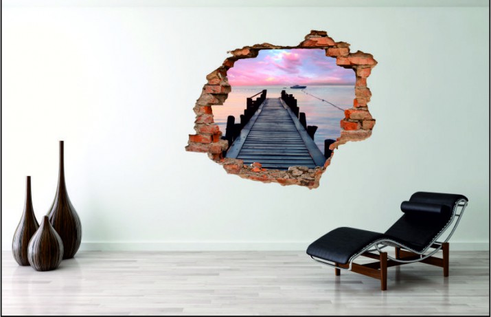 Naklejka na ścianę, dziura 3D  cegły pomost morze 3023 Naklejkomania - zdjecie 1
