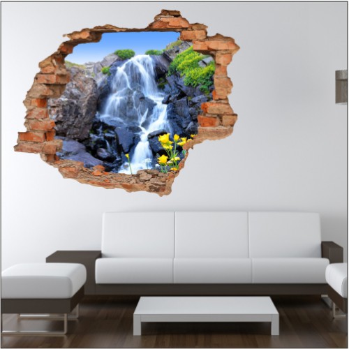 Naklejka na ścianę, dziura 3D  cegły góry jezioro wodospad kwiaty 3170