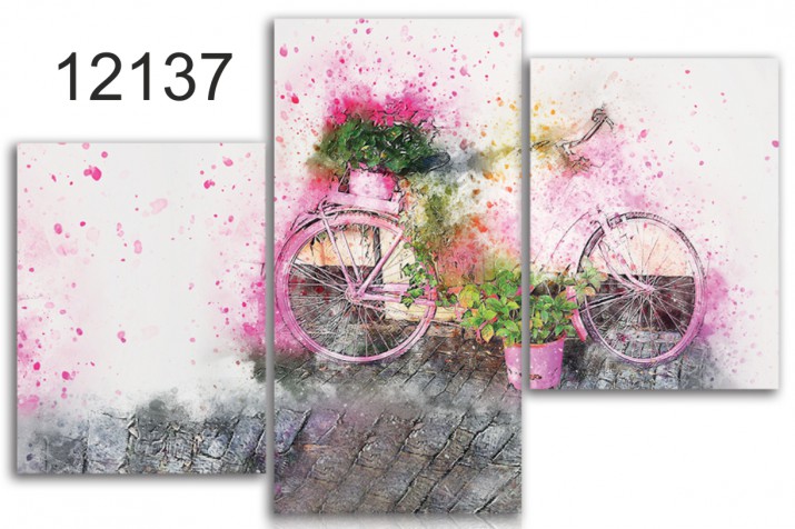 Tryptyk do salonu - Obraz, rower, kwiaty 12137
