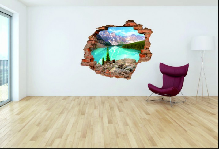 Naklejka na ścianę, dziura 3D  cegły góry jezioro 3059 Naklejkomania - zdjecie 1