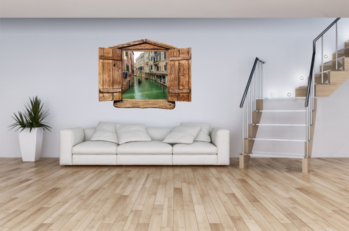 Naklejka na ścianę, dziura 3D drewniane okno Wenecja 1010 Naklejkomania - zdjecie 1