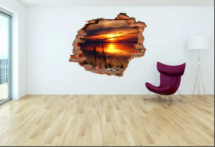 Naklejka na ścianę, dziura 3D  cegły morze niebo zachód słońca 3121 Naklejkomania - zdjecie 1
