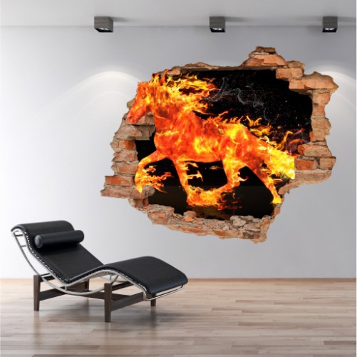 Naklejka na ścianę, dziura 3D  cegły koń płomienie 3198 Naklejkomania - zdjecie 1