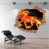 Naklejka na ścianę, dziura 3D  cegły koń płomienie 3198 Naklejkomania - zdjecie 1 - miniatura