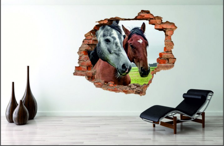 Naklejka na ścianę, dziura 3D  cegły łąka konie 3003 Naklejkomania - zdjecie 1