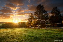 Picturesque landscape, fenced ranch at sunrise Naklejkomania - zdjecie 1 - miniatura