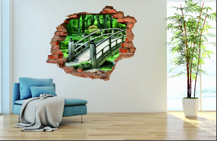 Naklejka na ścianę, dziura 3D  cegły park pomost las 3045 Naklejkomania - zdjecie 1