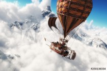 Fantasy concept of a steam powered balloon craft airship sailing through a sea of clouds with snow cap mountains in background. 3d rendering illustration Naklejkomania - zdjecie 1 - miniatura