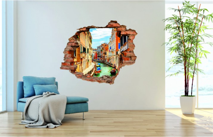 Naklejka na ścianę, dziura 3D  cegły Wenecja, gondola, miasto 3138 Naklejkomania - zdjecie 1
