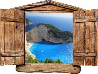 Naklejka na ścianę, dziura 3D drewniane okno morze zatoka wyspa 1021 - zdjęcie 2