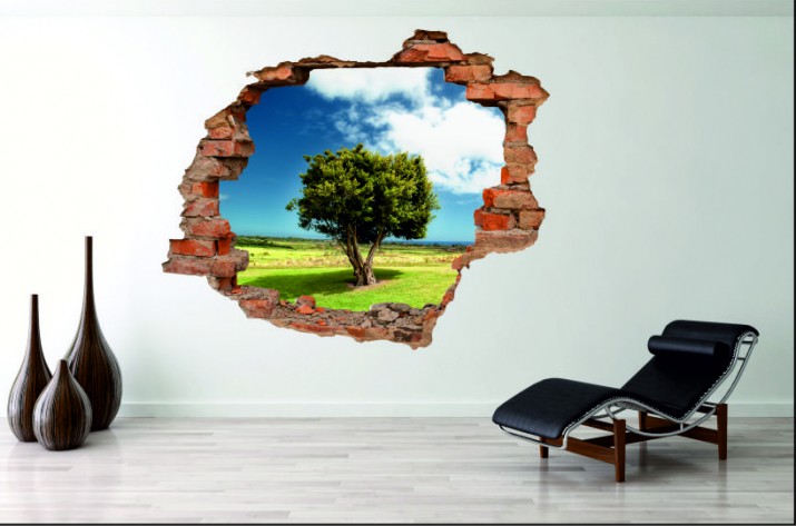 Naklejka na ścianę, dziura 3D  cegły łąka drzewo niebo 3015 Naklejkomania - zdjecie 1