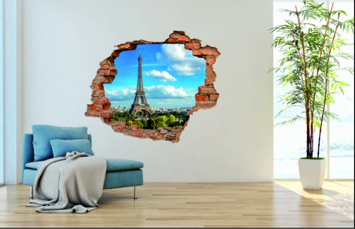 Naklejka na ścianę, dziura 3D  cegły miasto Paryż Wieża Eiffla 3082 Naklejkomania - zdjecie 1