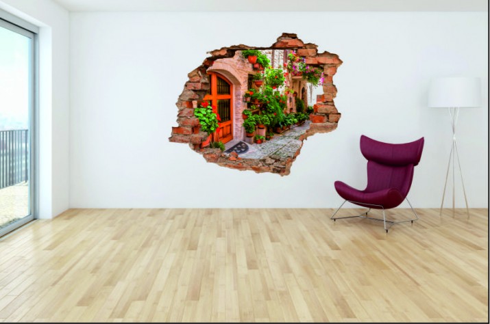 Naklejka na ścianę, dziura 3D  cegły uliczka miasto kamienica kwiaty 3057 Naklejkomania - zdjecie 1