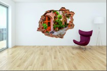 Naklejka na ścianę, dziura 3D  cegły uliczka miasto kamienica kwiaty 3057 Naklejkomania - zdjecie 1 - miniatura
