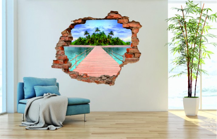 Naklejka na ścianę, dziura 3D  cegły morze plaża pomost 3133 Naklejkomania - zdjecie 1
