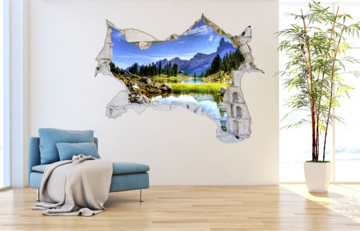 Naklejka na ścianę, dziura 3D las drzewa jezioro góry 3580 Naklejkomania - zdjecie 1