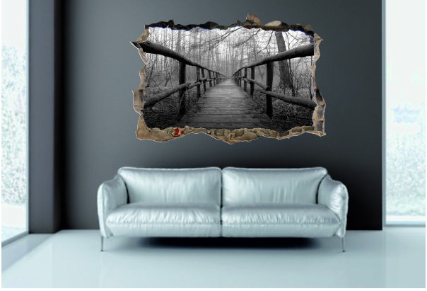 Naklejka na ścianę, dziura 3D most w lesie b/w 317 Naklejkomania - zdjecie 1