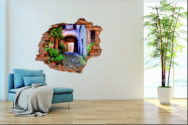 Naklejka na ścianę, dziura 3D  cegły uliczka miasto kamienica 3028 Naklejkomania - zdjecie 1