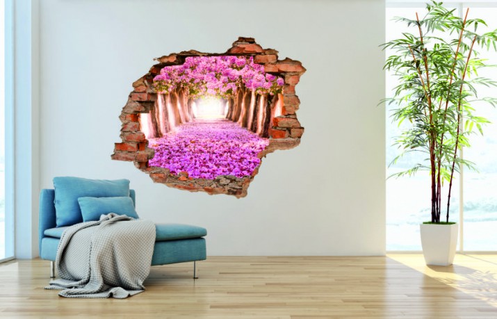 Naklejka na ścianę, dziura 3D  cegły park drzewa kwiaty 3132 Naklejkomania - zdjecie 1
