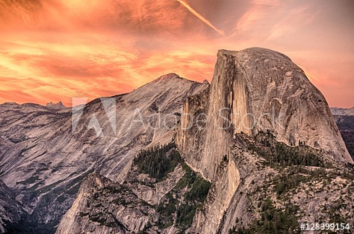 Dramatic Sunset over Half Dome viewed from Glacier Point in Yosemite National Park California