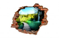 Naklejka na ścianę, dziura 3D  cegły góry wodospad pomost 3137 Naklejkomania - zdjecie 2 - miniatura