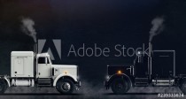 Two classic semi trucks facing each other side view on dark background with some (3D illustration) Naklejkomania - zdjecie 1 - miniatura