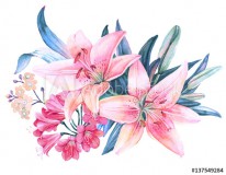 Pink lily flower watercolor bouquet Naklejkomania - zdjecie 1 - miniatura