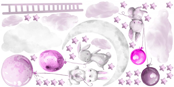 Naklejki dla dzieci na ścianę króliczki fioletowe balony 41489 - zdjęcie 2