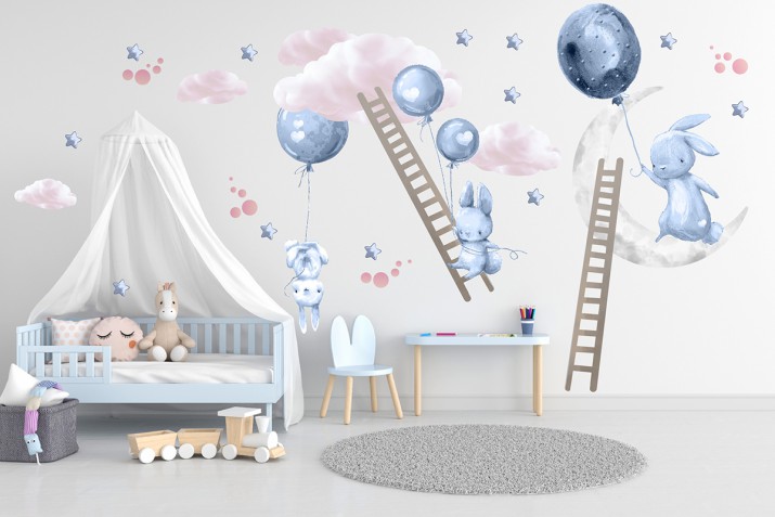 Naklejki dla dzieci na ścianę króliczki niebieskie balony ksieżyc 41487 Naklejkomania - zdjecie 1