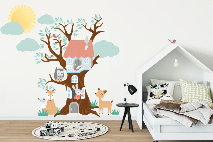 Naklejka ścienna, naklejki, na ścianę, do przyklejenia, dla dzieci - drzewko, domek na drzewie, pastelowe, kolorowe, sarna, lis, zajączek, sowa, drzewo   2103 Naklejkomania - zdjecie 1