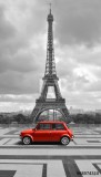 Eiffel tower with car. Black and white photo with red element. Naklejkomania - zdjecie 1 - miniatura