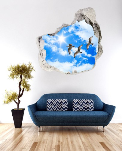 Naklejka na ścianę, dziura 3D chmury słońce niebo ptaki 3581 Naklejkomania - zdjecie 1