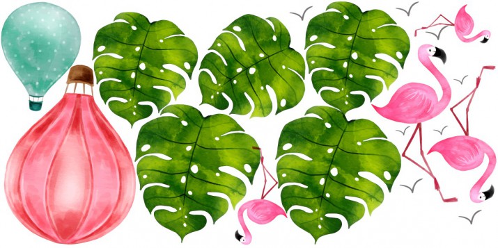 Naklejki dla dzieci - bajka balony ptaki flamingi liście monstera 10313 - zdjęcie 2