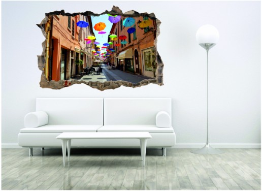 Naklejka na ścianę, dziura 3D kolorowe parasole 353 Naklejkomania - zdjecie 1