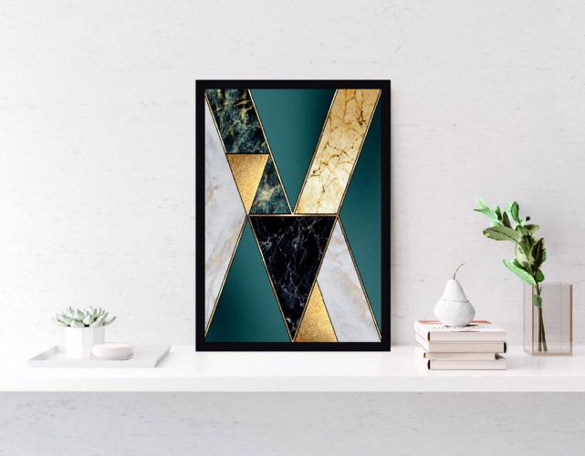 Plakat zielony marmur złoto trójkąty 61160 Naklejkomania - zdjecie 1