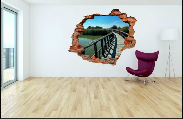 Naklejka na ścianę, dziura 3D  cegły pomost jezioro 3005 Naklejkomania - zdjecie 1