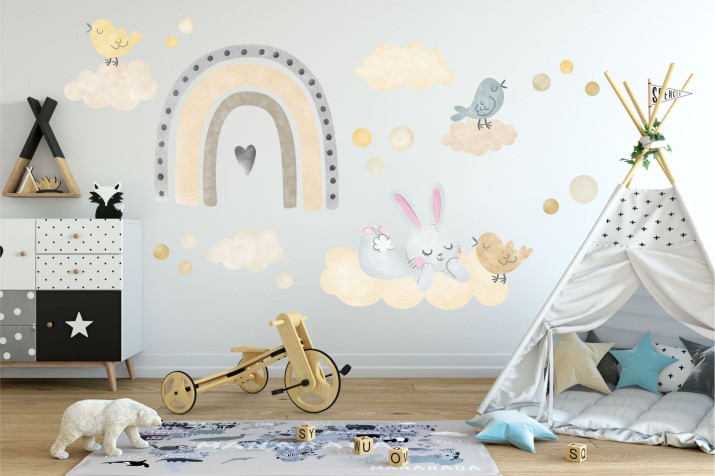 Naklejki dla dzieci na ścianę króliczek chmury ptaki 40445 Naklejkomania - zdjecie 1