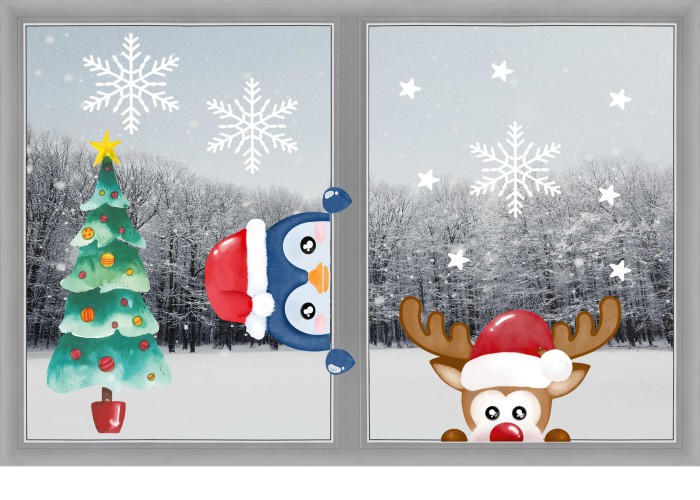 Naklejka świąteczna na szybę drukowana na folii bezbarwnej 22002 choinka, pingwinek, renifer