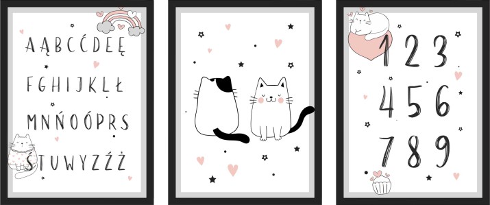 Zestaw trzech plakatów plakaty na ścianę w ramie słodkie kotki z alfabetem i cyframi KD008 Naklejkomania - zdjecie 1
