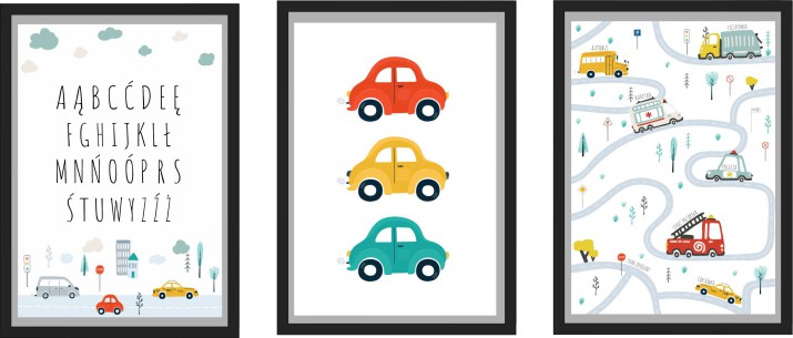 Zestaw trzech plakatów plakaty na ścianę w ramie auta pojazdy z alfabetem KD014