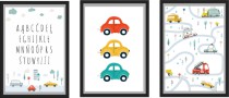 Zestaw trzech plakatów plakaty na ścianę w ramie auta pojazdy z alfabetem KD014 Naklejkomania - zdjecie 1 - miniatura