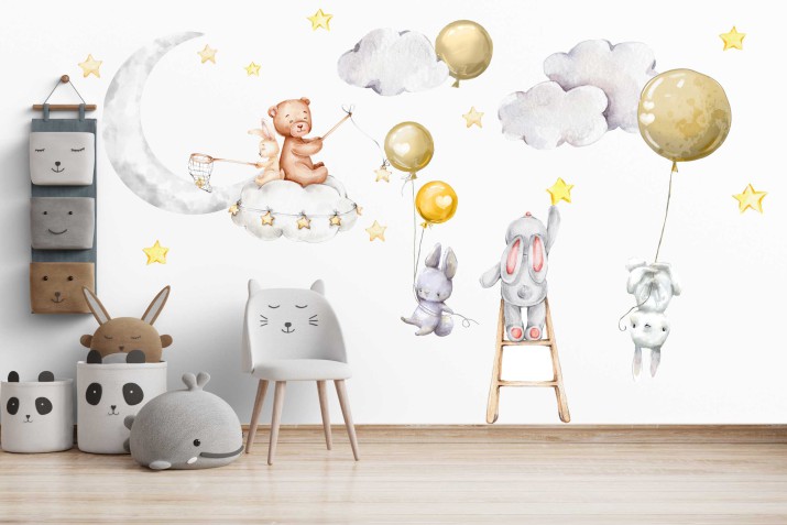 Naklejki dla dzieci na ścianę pastelowe zwierzątka z balonami 22008 Naklejkomania - zdjecie 1