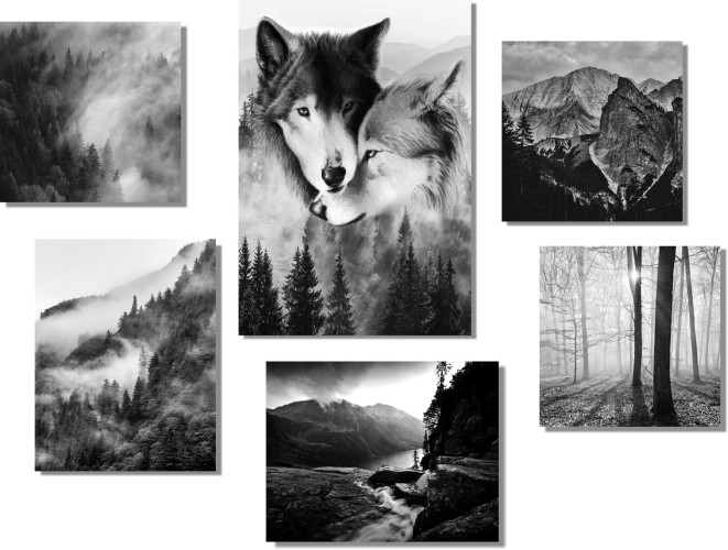 Obrazy na ścianę do pokoju, zestaw 6-częściowy, wilki, las w szarościach 20427 - 1