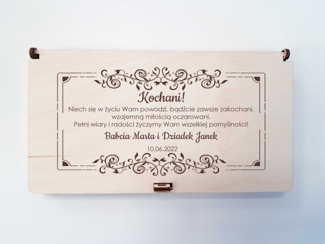 Skrzyneczka, z grawerem, pudełko drewniane na pieniądze, prezent dla Pary Młodej, ślub, wesele A05 Naklejkomania - zdjecie 1