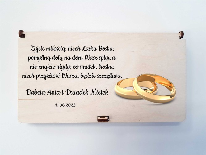 Skrzyneczka z nadrukiem, pudełko drewniane na pieniądze, prezent na ślub, wesele, 24617 Naklejkomania - zdjecie 1