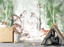 Tapeta Flizelinowa na ścianę do pokoju dziecięcego, akwarelowy las, 21118 Naklejkomania - zdjecie 1 - miniatura